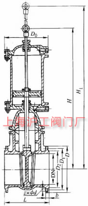 Z641T-10 型氣動楔式閘閥主要外形及結(jié)構(gòu)尺寸示意圖