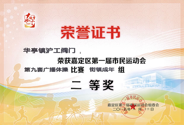 嘉定區(qū)第一屆市民運(yùn)動(dòng)會(huì)第九套廣播體操比賽二等獎(jiǎng)榮譽(yù)證書